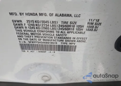 2019 Honda Pilot Ex-L z USA, uszkodzony, nr VIN 5FNYF5H54KB018519